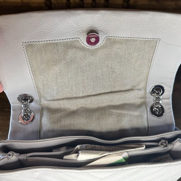 Share Rebecca Minkoff Edie Grey Quilted Leather Flap Shoulder Bag with Silver Ha - Picture 11 of 15